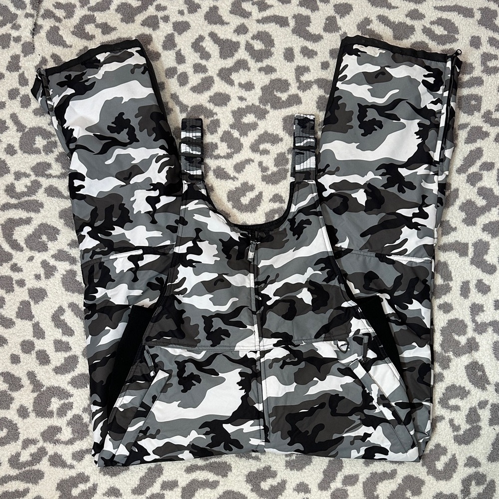 Women's Grey Camo Snow Pants Ski Bib Overalls Snowboard Bib Pants